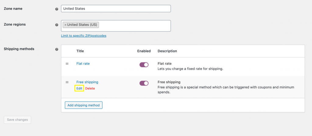 Editing a WooCommerce free shipping method.