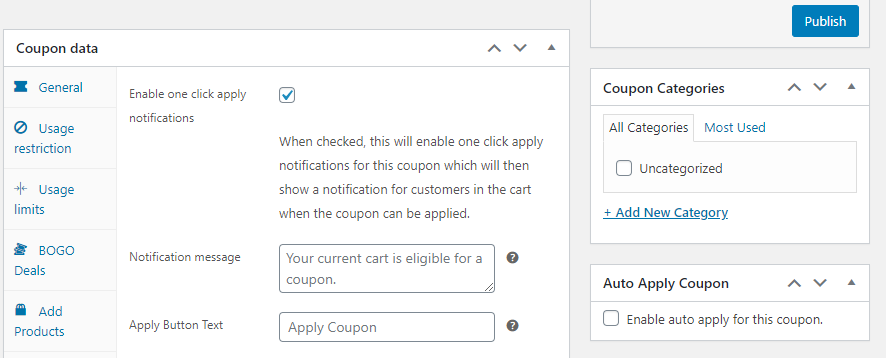 Enabling one-click application for a coupon