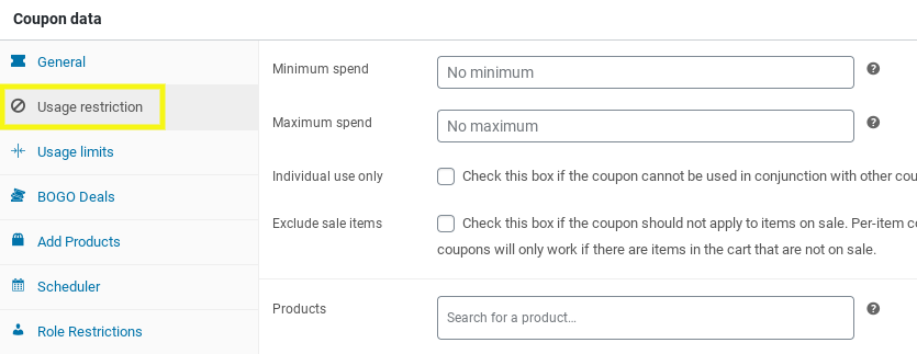 The Advanced Coupons WooCommerce plugin settings where you can add usage restrictions.