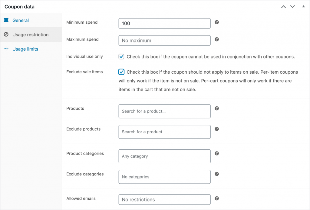 The Coupon data section of the WooCommerce coupon editor.