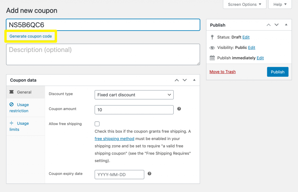 The Generate coupon code button in WooCommerce.