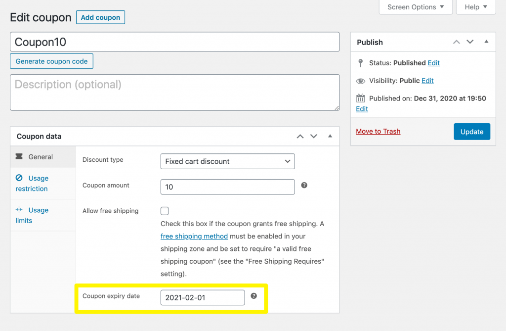 Setting an expiration date for a coupon code in WooCommerce.