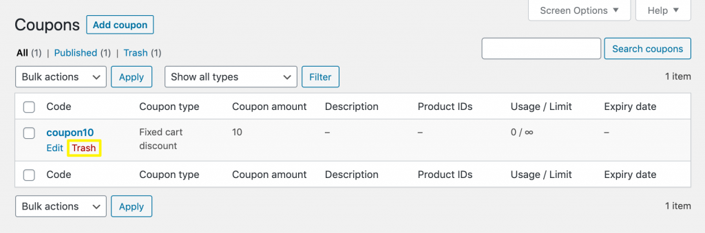 Trashing a WooCommerce coupon.