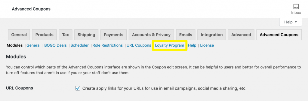 The Advanced Coupons loyalty program settings.