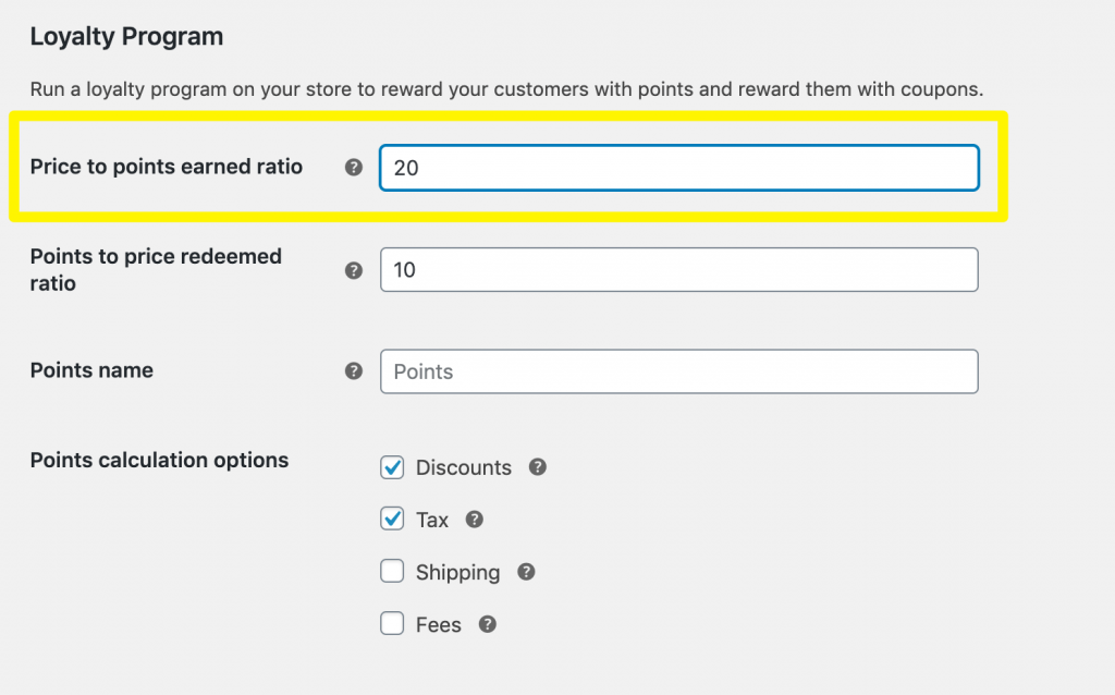 The price to points earned ratio setting.