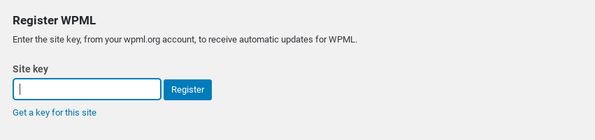 The screen to register a site key for the WPML plugin.