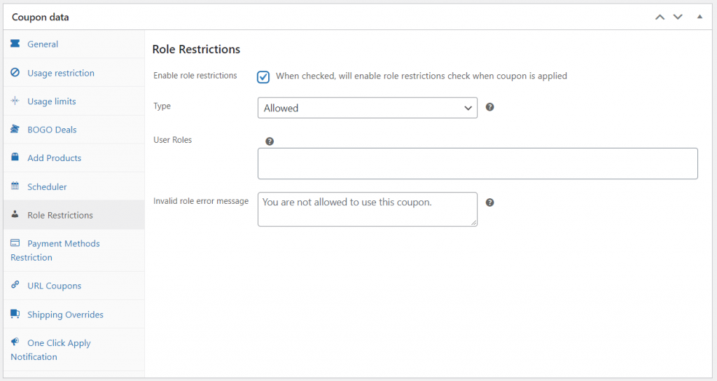 A coupon role restriction screen, helpful for creating a woocommerce coupon for specific user roles. 