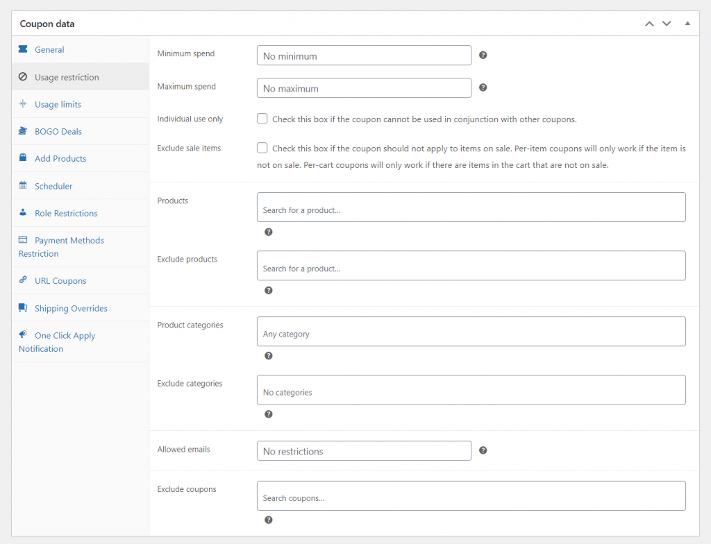 The Coupon Usage Restrictions section, where you can create a WooCommerce one time use coupon per address.