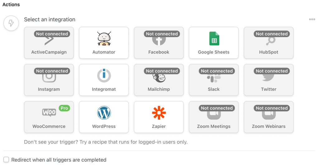 Selecting Google Sheets as an integration on the Uncanny Automator plugin.