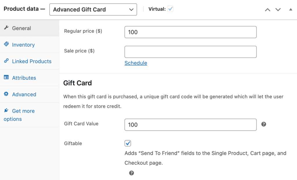 Setting the value for a WooCommerce gift card