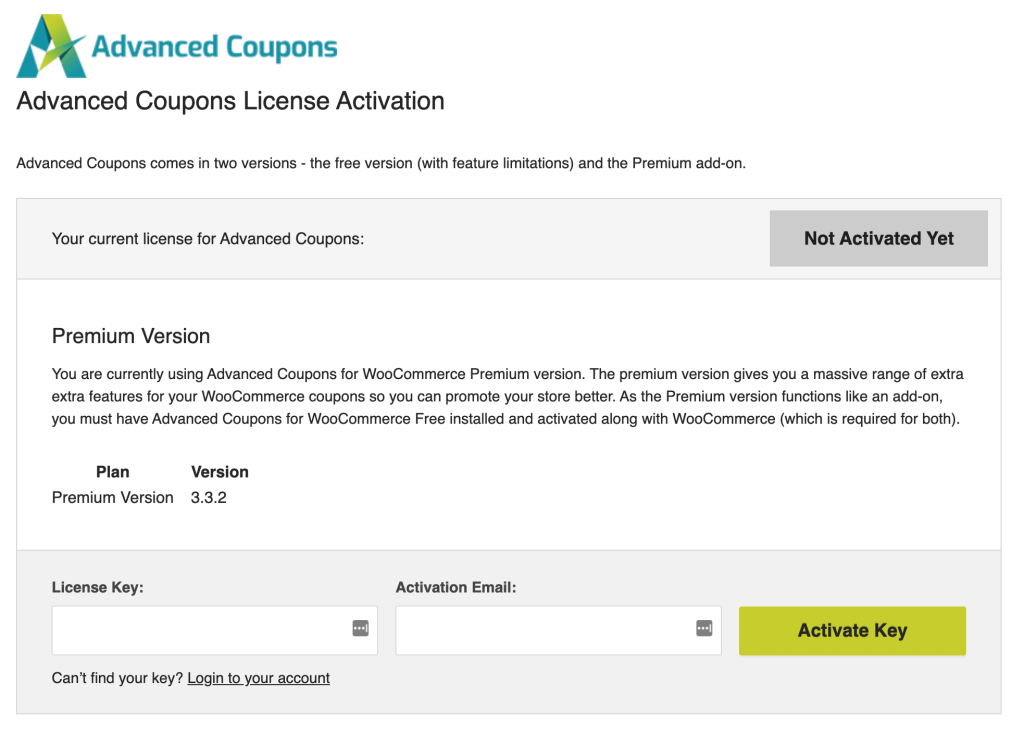 Enter the Advanced Coupons plugin premium license key