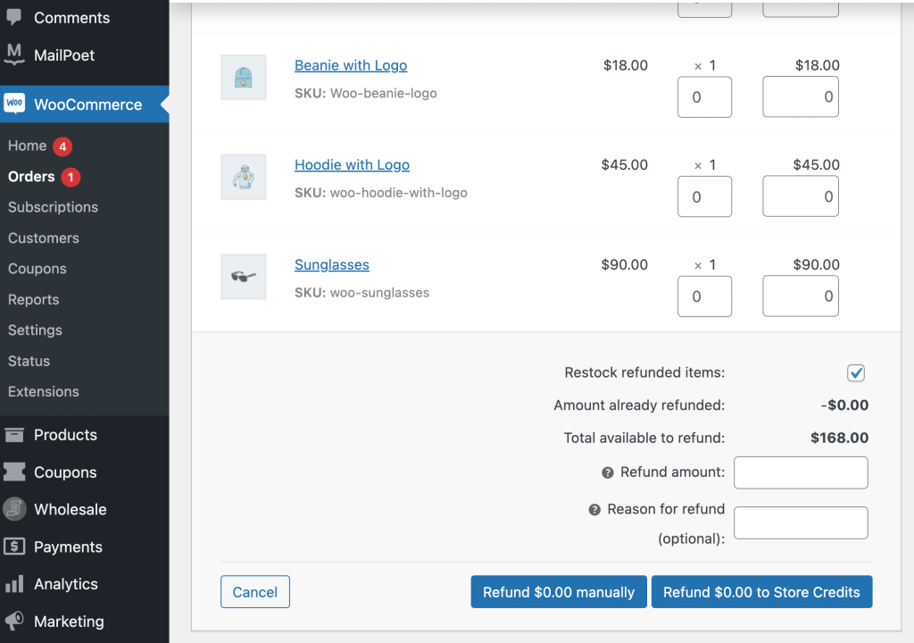 Refund for store credits in WooCommerce