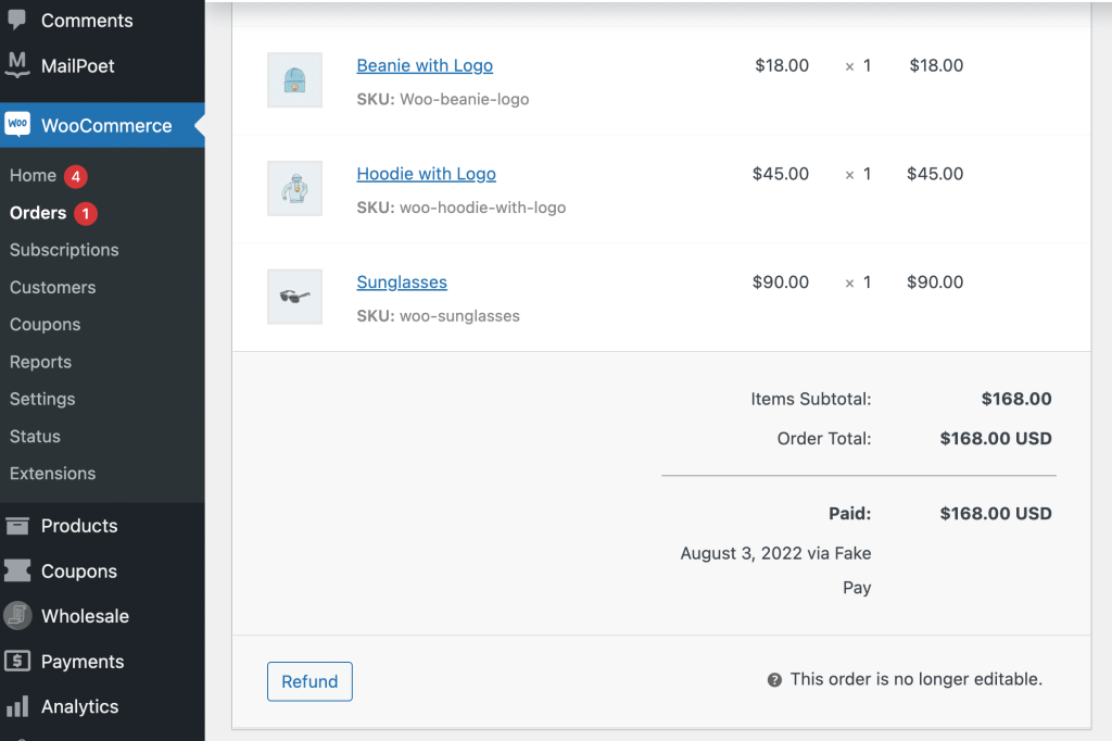 WooCommerce order refund