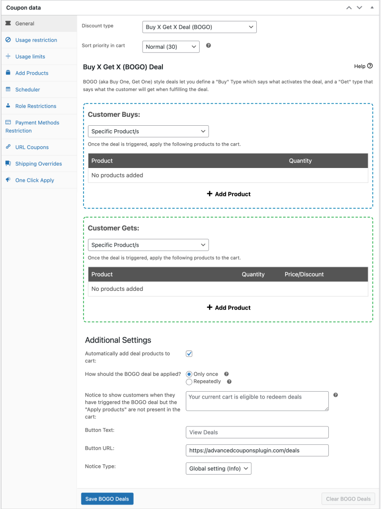 The Advanced Coupons BOGO options.