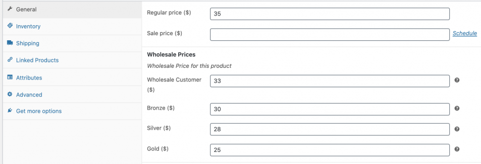 Whole sale price settings.