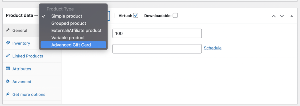 The Advanced Gift Card product type in the Advanced Coupons plugin settings