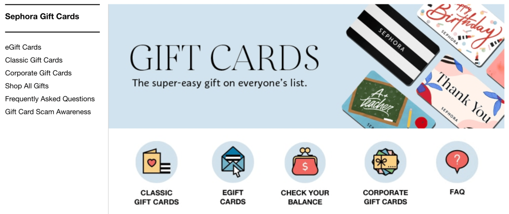 Sephora gift card categories