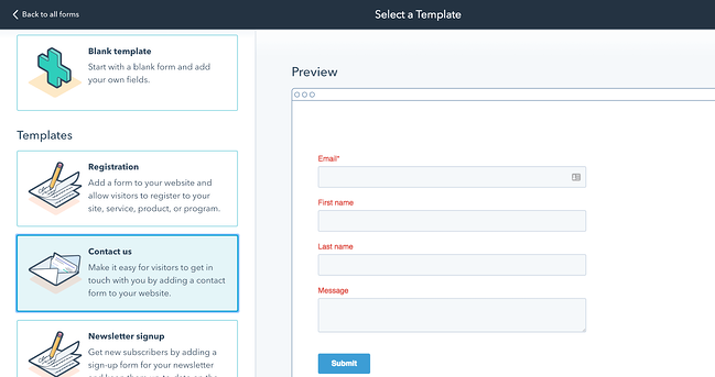 e-posta gönderme formu oluşturucu: hubspot