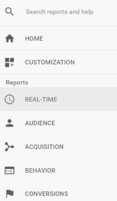 แถบด้านข้างของ Google Analytics พร้อมไฮไลต์ปุ่มแบบเรียลไทม์