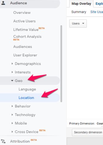 แถบด้านข้างของ Google Analytics โดยเน้นที่ปุ่มตำแหน่ง