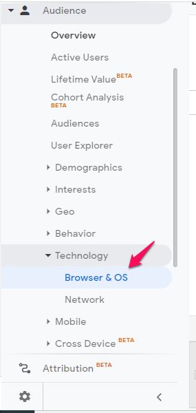 แถบด้านข้างของ Google Analytics ที่ไฮไลต์ปุ่มเบราว์เซอร์และระบบปฏิบัติการ