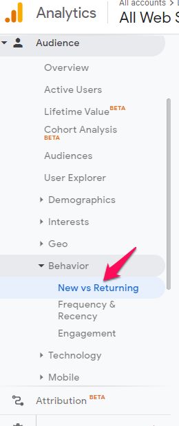 แถบด้านข้างจาก Google Analytics ที่ไฮไลต์ปุ่มใหม่เทียบกับปุ่มย้อนกลับ