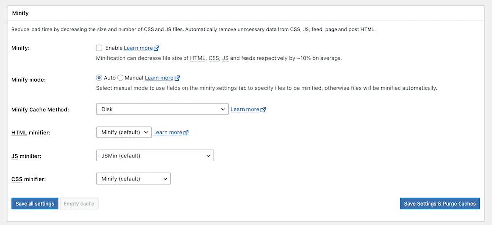 Sekcja Minify na stronie W3 Total Cache General Settings.