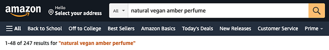 exemplu de căutare amazon pentru parfum natural vegan ambră