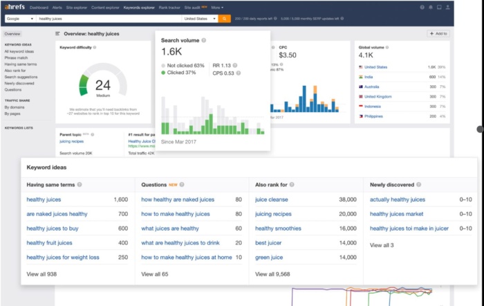 Ahrefs'in sağlıklı meyve suları anahtar kelimesine genel bakış.