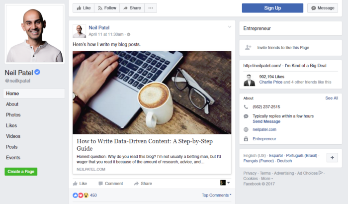 Neil Patel, blogunu Facebook'ta tanıtıyor.