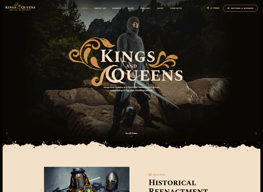 Kings & Queens - Tema WordPress pentru reconstituirea medievală a războiului istoric