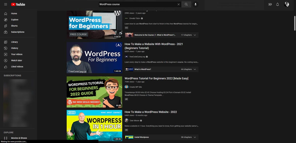 YouTube'da WordPress kursları