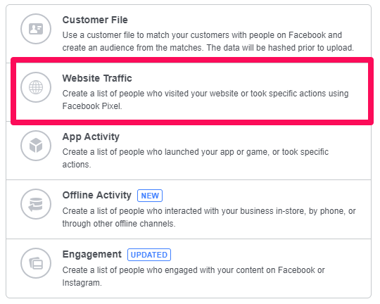 Facebook'ta özel hedef kitle oluşturmak için Meta Business Manager içindeki "Web Sitesi Trafiği" düğmesini tıklayın.