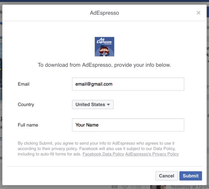 AdEspresso, Facebook reklamlarını tıklayanların ücretsiz rehberlerini alabilmeleri için e-postaları yakalamak için müşteri adayına dayalı reklamları kullanıyor.