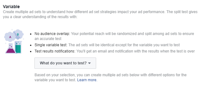 Facebook'ta özel hedef kitle hedeflemesi yaparken hangi değişkenleri test etmek istediğinizi seçin.