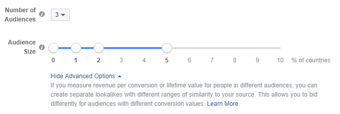 Facebook'ta özel hedef kitlenizin bir parçası olarak benzer hedef kitlenizi A/B testi yapmak istiyorsanız "gelişmiş seçenekleri göster"i tıklayın.