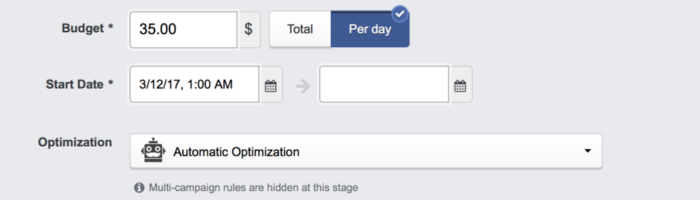 AdEspresso, Facebook'ta özel hedef kitlesinin bir parçası olarak 14 gün boyunca günde 35 ABD doları harcadı.