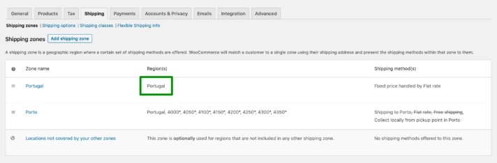 Portekiz WooCommerce nakliye bölgesi