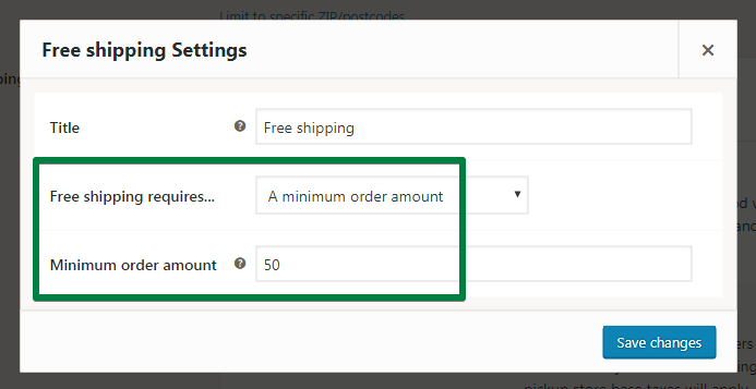 WooCommerce Ücretsiz gönderim ayarları - minimum sipariş miktarı (ekran görüntüsü)