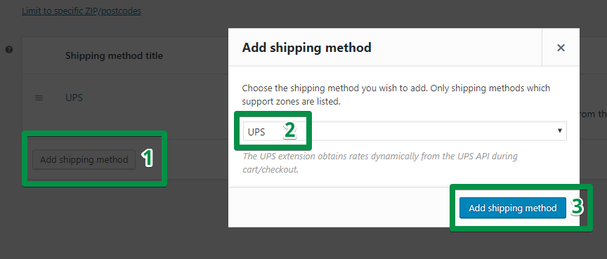 Dodaj metodę wysyłki UPS w polu „Dodaj metodę wysyłki” w WooCommerce (zrzut ekranu)