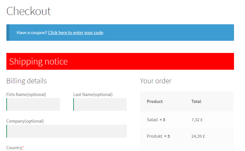avviso di spedizione su WooCommerce checkout esempio personalizzato