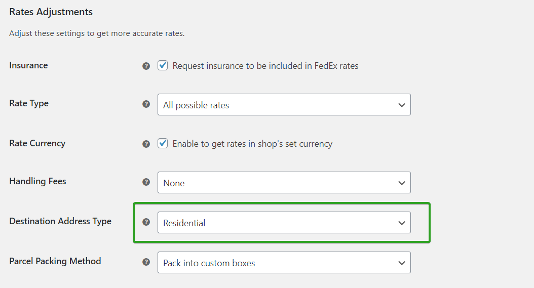 FedEx WooCommerce - Tipo di indirizzo di destinazione