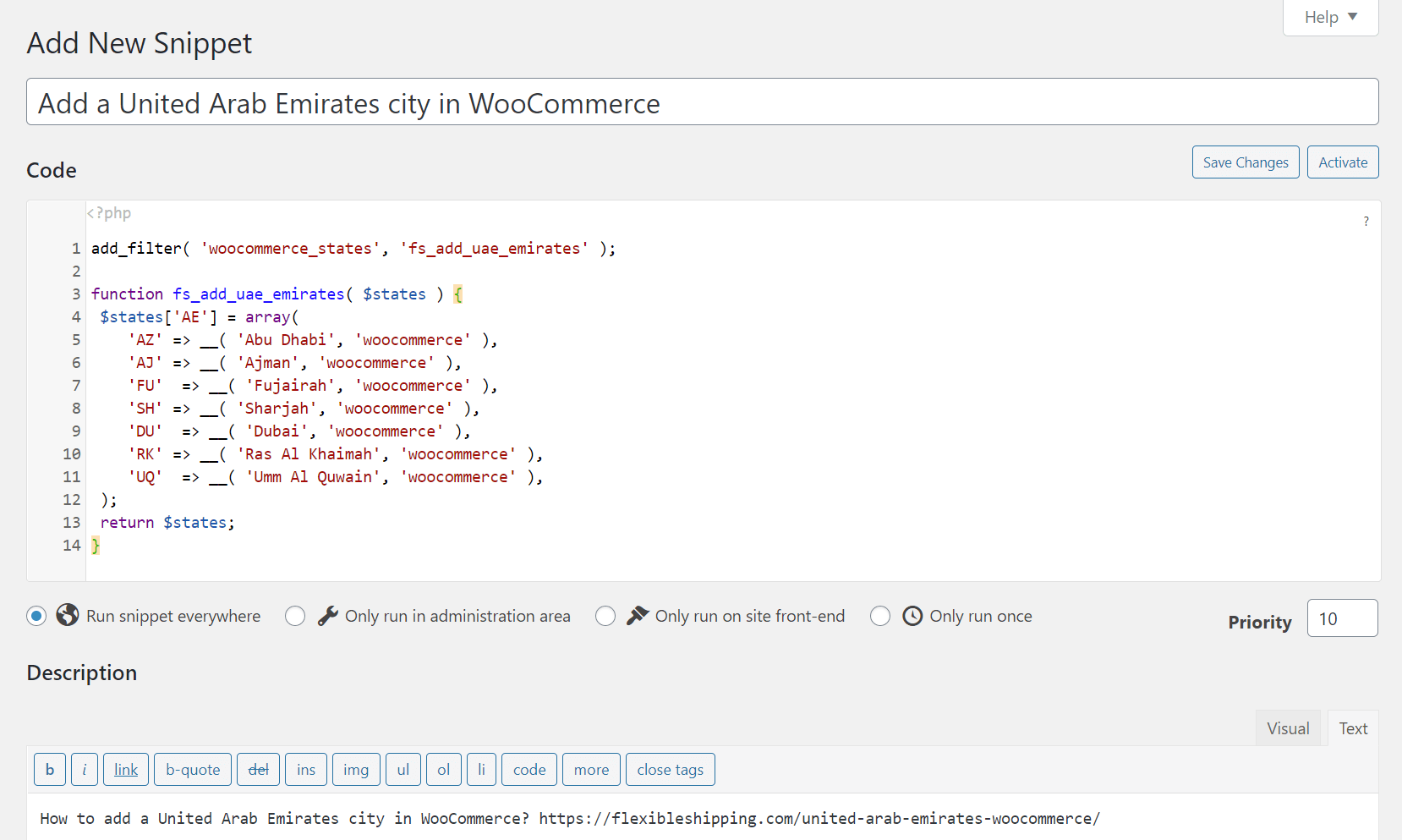 nowy niestandardowy kod we wtyczce Code Snippets