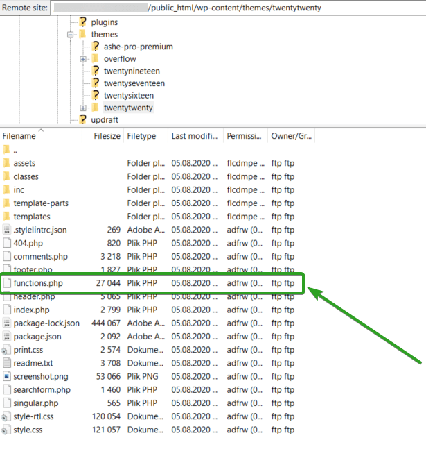 Dodaj niestandardowy kod w Functions.php z klienta FTP