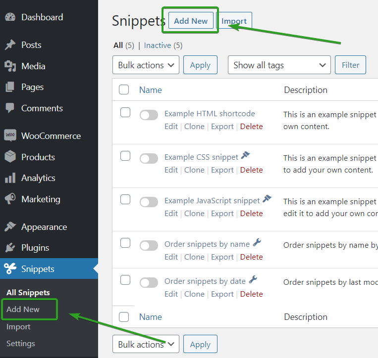 dodaj nowy fragment w wtyczce Code Snippets