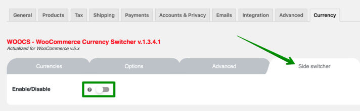 WOOCS Currency Switcher - علامة تبويب المبدل الجانبي