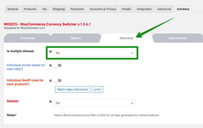 علامة التبويب WOOCS Currency Switcher Advanced