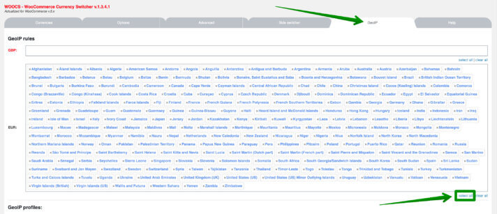 علامة تبويب WOOCS Currency Switcher GeoIP