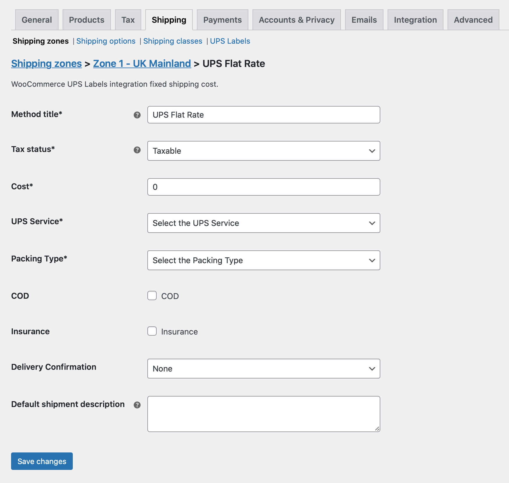 schermata di configurazione del metodo tariffa flat ups