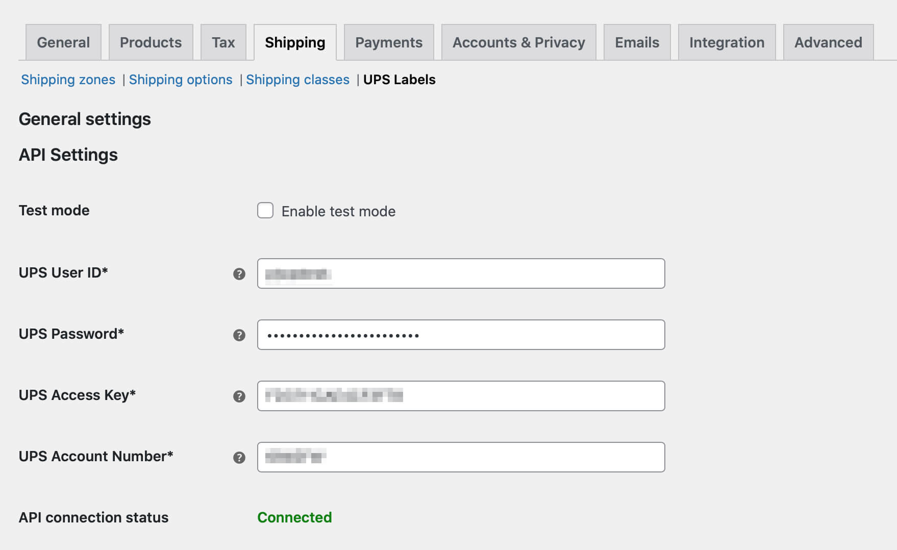 Impostazioni dell'API UPS Labels